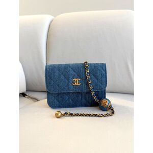 Chanel Denim Quilted CC Pearl Crush Mini Flap Handbag With Chain
